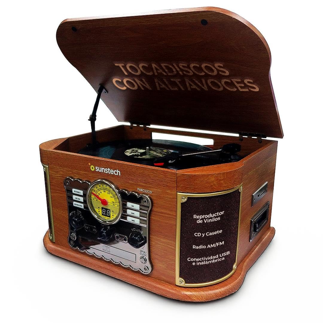 Sunstech Tocadiscos de vinilo de madera con conexión inalámbrica y altavoces estéreo 2.5 W | Giradiscos 3 velocidades 33/45/78 RPM | Reproductor CD, MP3, casete, radio AM/FM, USB y SD | Grabación MP3