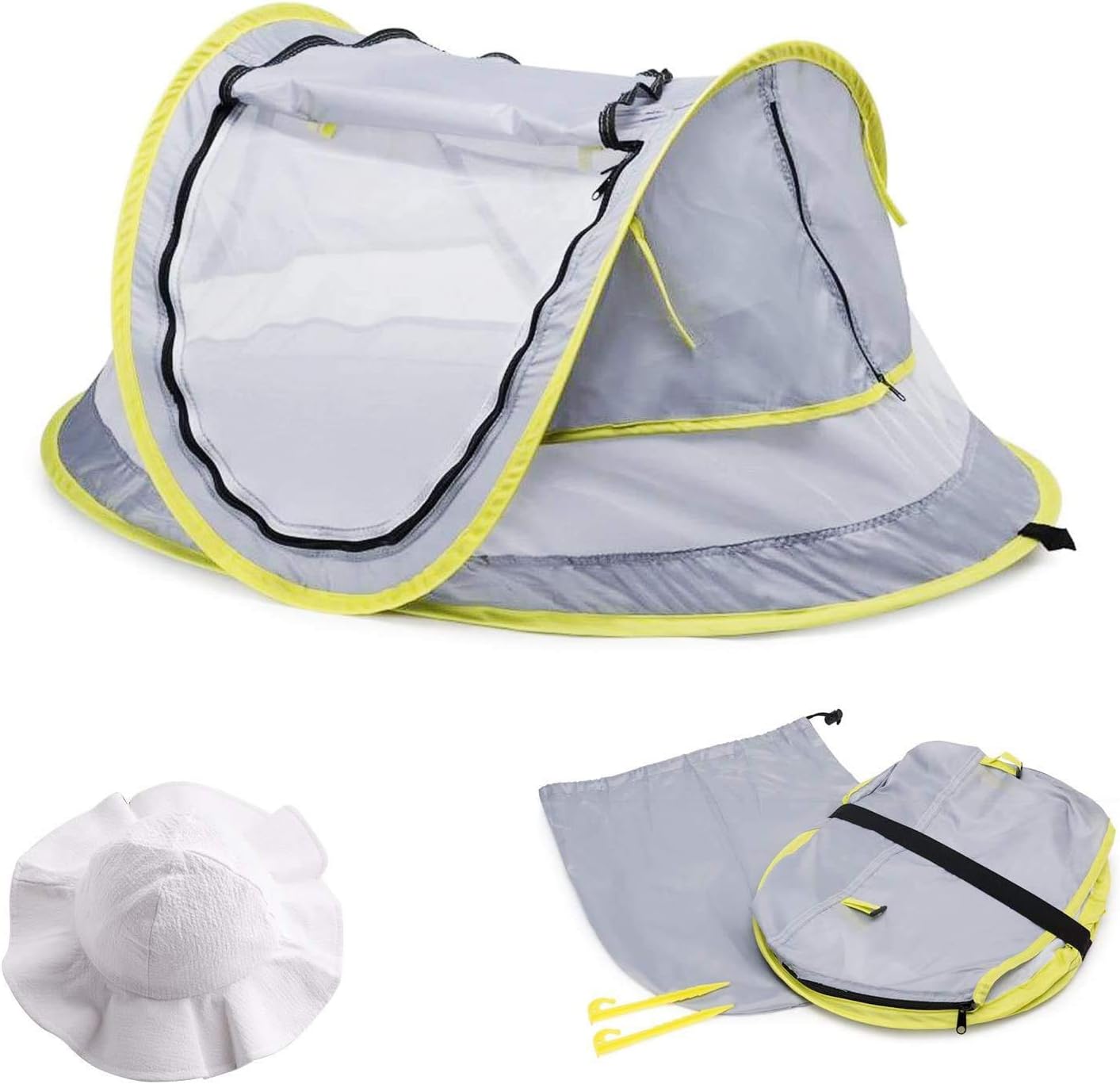 MASCARRY Baby Beach Tent, with A Brim Sun Protection Hat, Portable Baby Travel Tent UPF 50+ Infant Sun Shelters Pop Up Folding Outdoor Bed Baby Shade with Mosquito Net with 2 Pegs