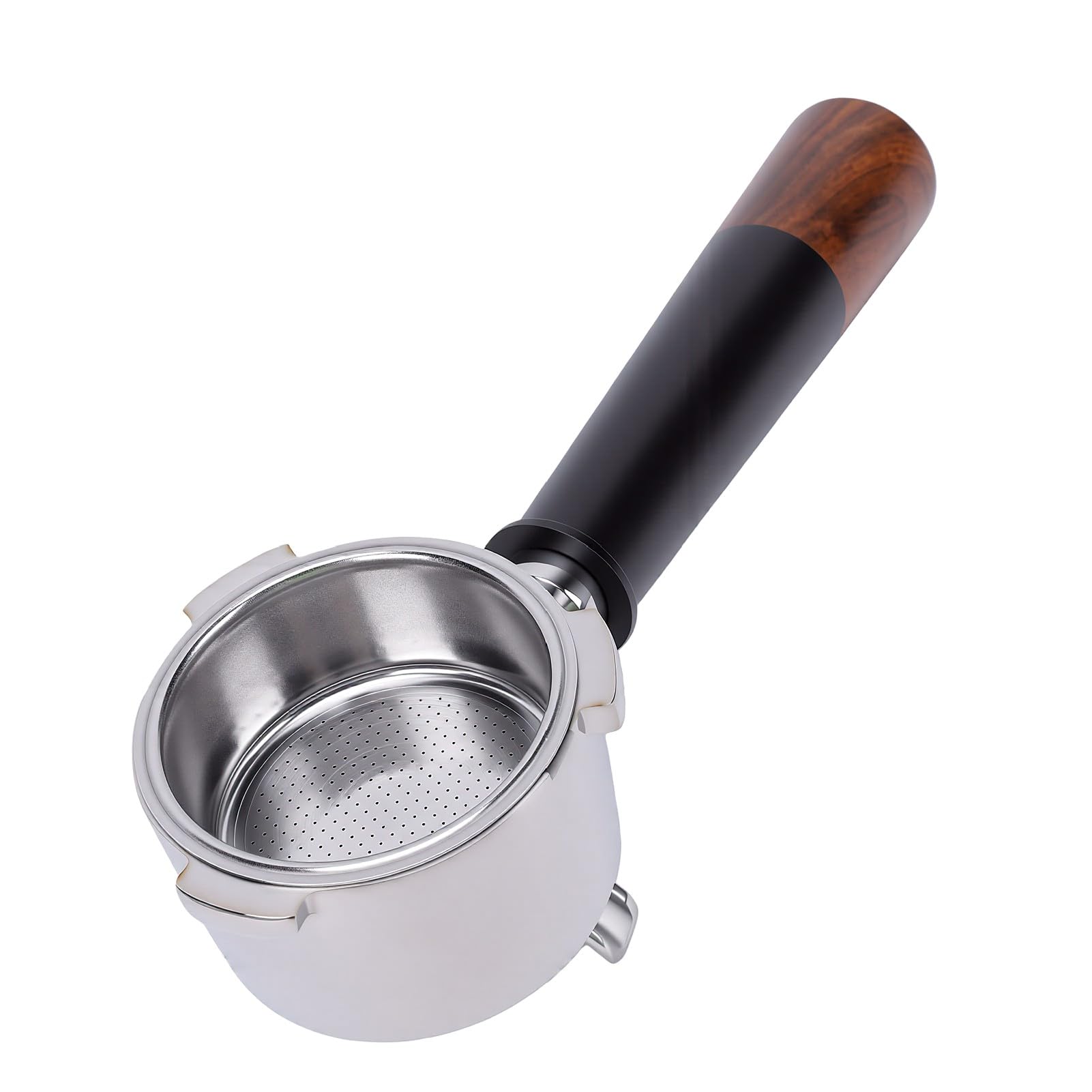 Portafiltro de Acero Inoxidable de 51mm, 3 Orejas para con de Madera de Nogal, Filtro de para Hogar, Oficina y Cafetería (Caño doble con fondo)