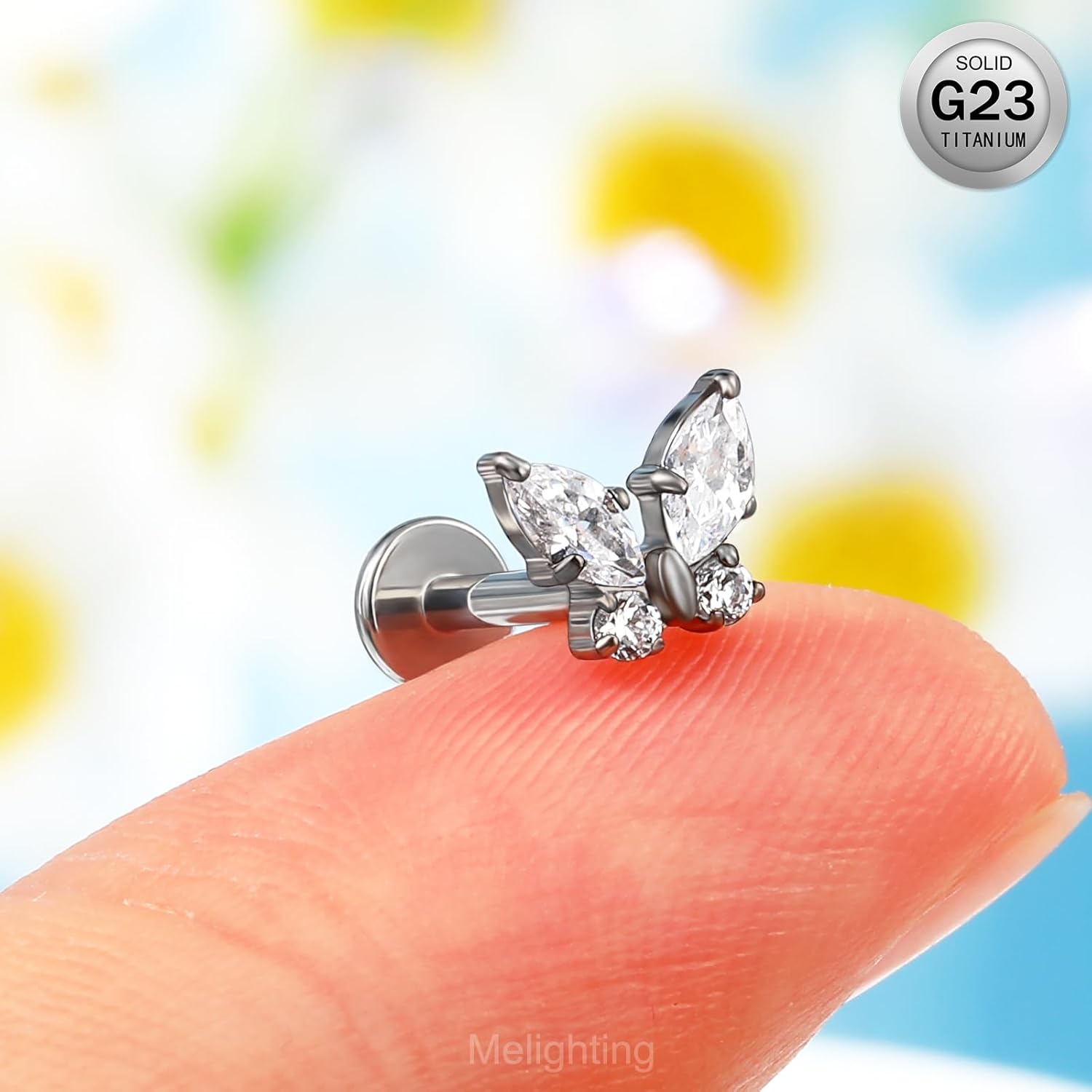 Melighting Titanium Butterfly Helix Earring 16G Cartilage Earring Internally Threaded Clear CZ Helix Stud Titanium G23 Flat Back Earring Labret Jewelry - Image 2