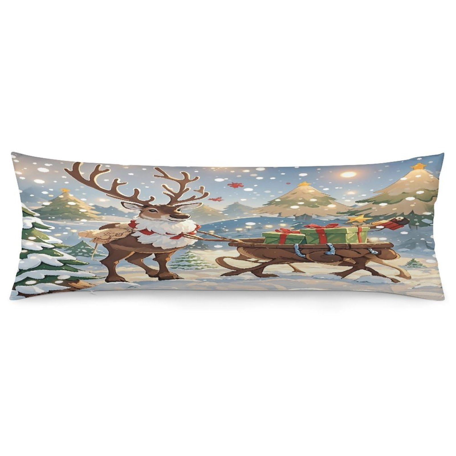 Reindeer Delivering Pillowcase Long Body Pillow Cover Soft Decorative Body Pillow Case Breathable Large Pillowcase Cute Cozy Pillow Protector for Bed Sofa Couch Room 18.9 X 53 Inch