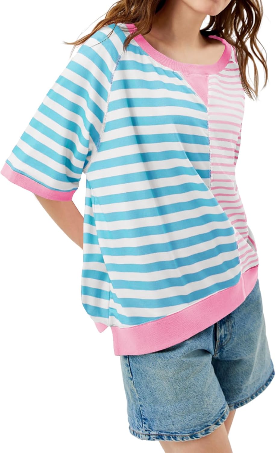 Tankaneo Womens Oversized T Shirts Summer Short Sleeve Striped Color Block Loose Fit Tops 2025 Trendy Clothes - Image 3