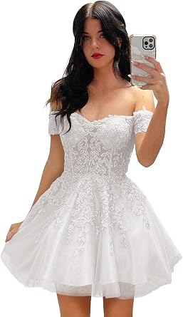 Basgute Lace Applique فساتين العودة للوطن قصيرة للمراهقين بريق تول الكتف الباردة فستان كوكتيل حفلة موسيقية رسمية