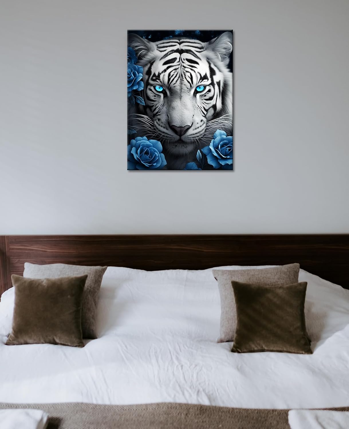 Tiger Wall Art Tiger Face Portrait Wall Decor Blue Eyes White Tiger with Blue Floral Print Painting Framed Modern Animal Picture for Home Living Room Bedroom Decor