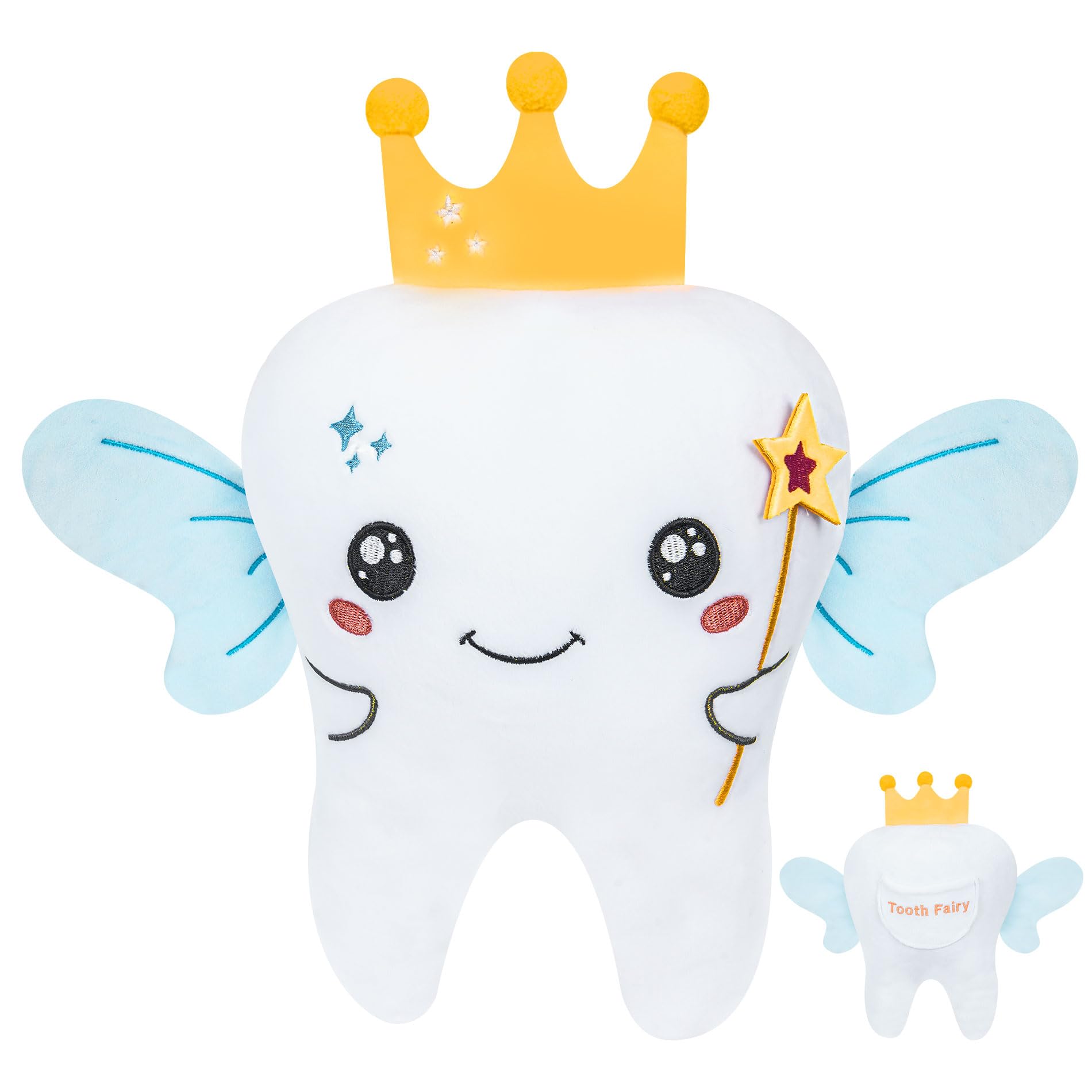Tooth Fairy Plush Holder Gift – 12 Inch Big Tooth Pillow Crown Blue Wings Star Wand Kids' Tooth Fairy Gift for Boys Girls with Pocket