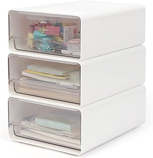 Organizer mit Schubladen Acryl 3 Stück, Schreibtisch Organizer a5, Schubladenbox Stapelbar, Büro Aufbewahrungsbox für Stifte, Radiergummi und Anderes Bürozubehör, Transparent Weiß