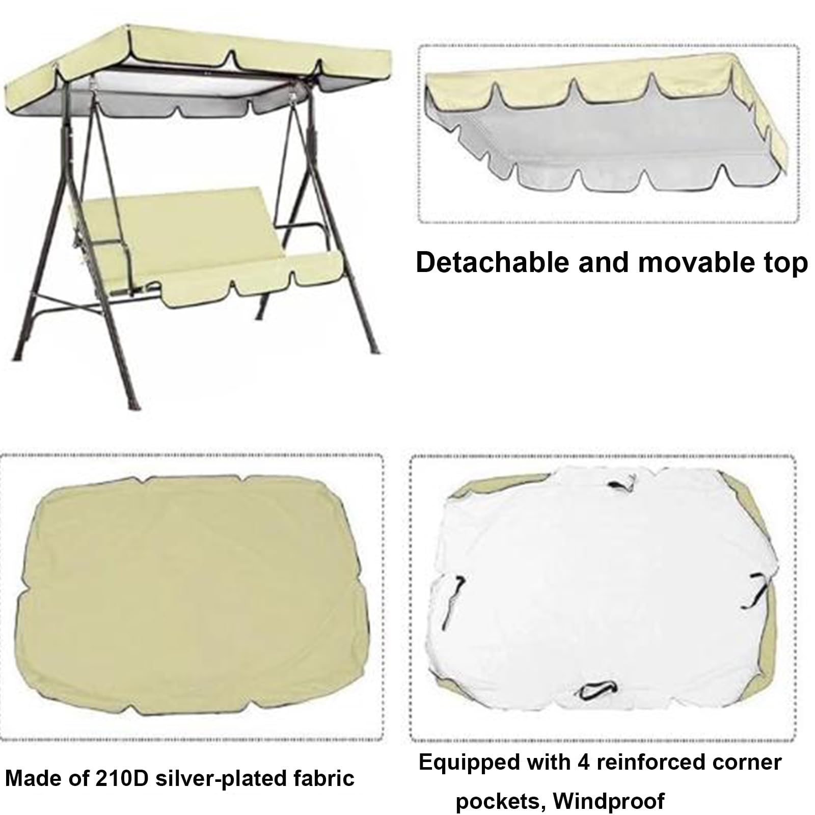Toldo de Columpio Balancín de Jardin Exterior de Repuesto Universal 2/3 Plazas, Fundas para Silla de Jardín, Antipolvo Anti-UV Impermeable Muebles Fundas(Beige,Top:164 * 114 * 15cm)