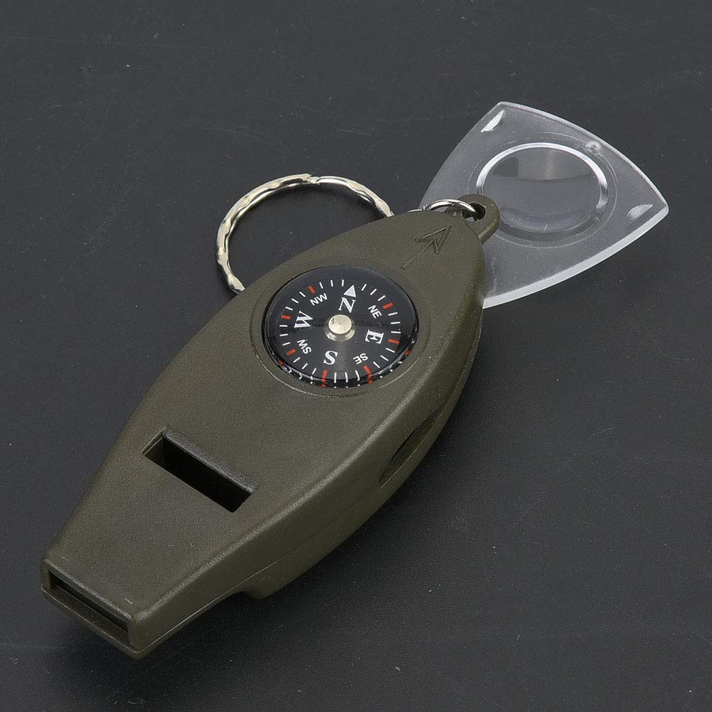 Multifunctional Whistle Portable 4 in 1 Design with Compass Thermometer Magnifier for Outdoor Survival Camping Hiking Army Green ABS Material Lightweight