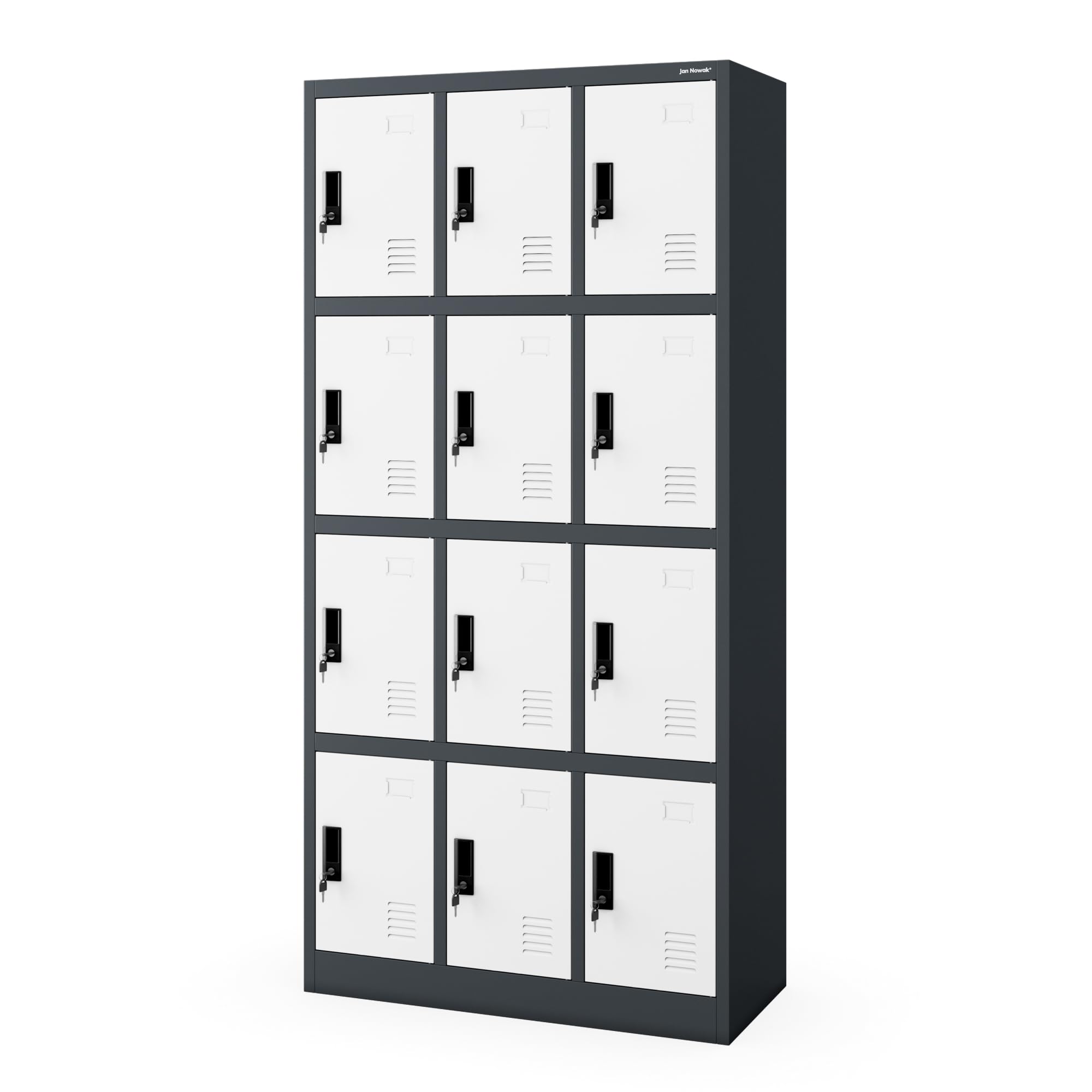 Jan Nowak Umkleideschrank Personalschrank Metall, 12 Fächer, abschließbar | Schließfachschrank ,Garderobenschrank, für 12 Nutzer, Lüftung, Namensschildhalter, 10 kg je Fach, Stahl, 185x90x40 cm