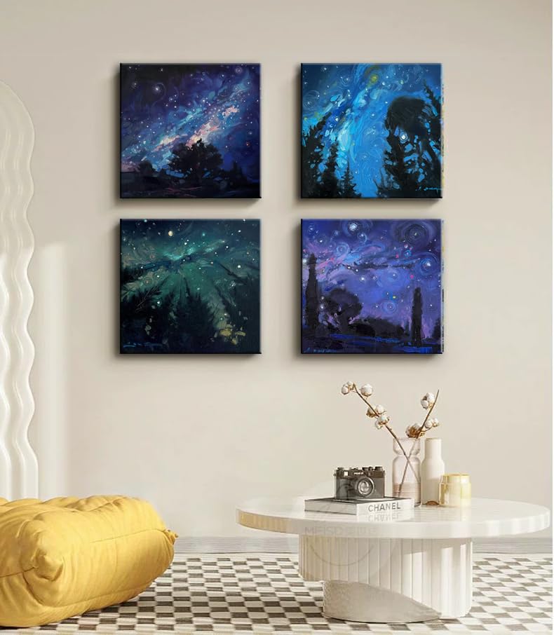 Image of Blue Starry Night Canvas Wall Art Forest Tree Paintings Decor Abstract Nature Landscape Artwork Poster Prints Colorful Space Northern Lights Pictures Decoration for Bedroom Living Room Bathroom Office