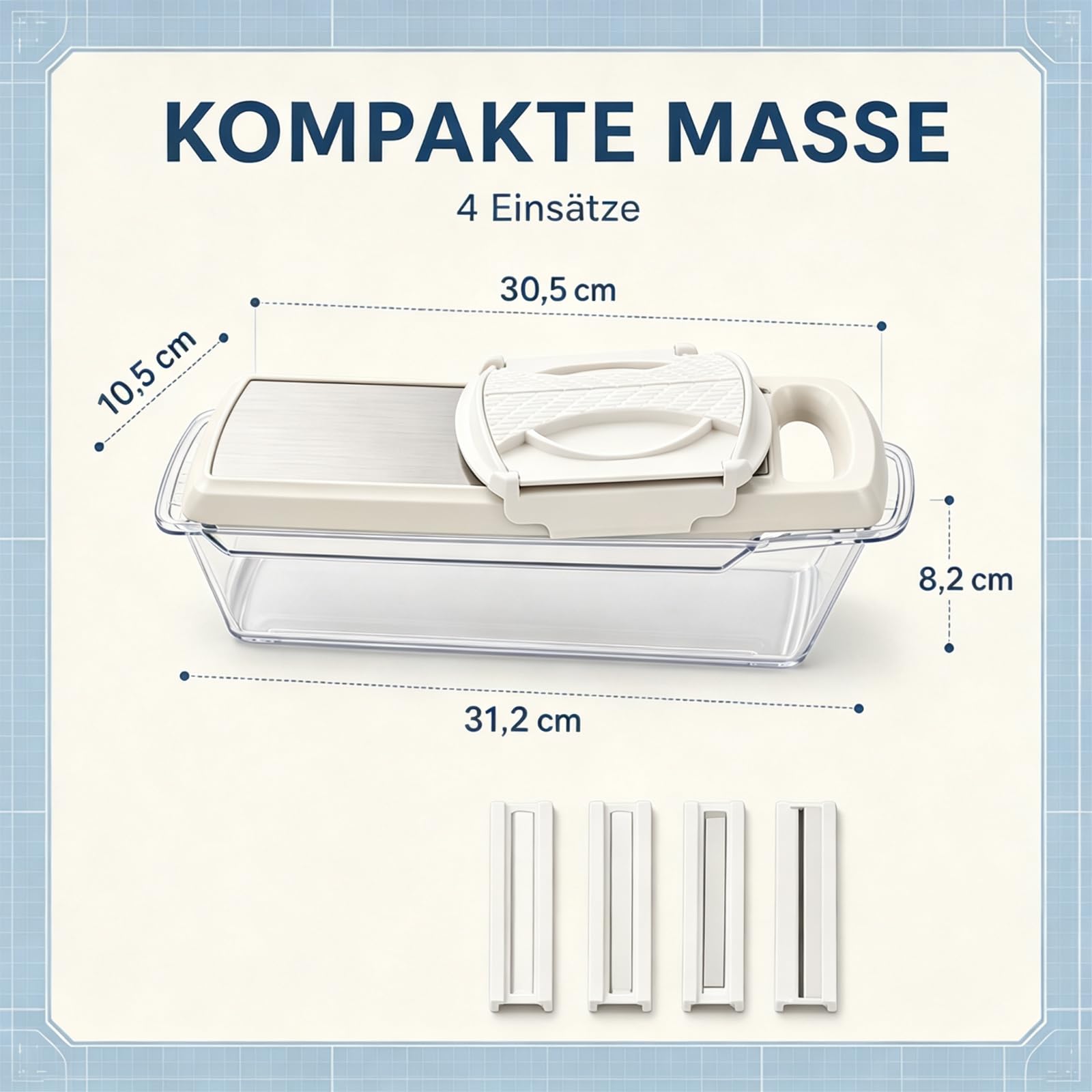 Mandoline Gemüsehobel mit Behälter, 4 Einsätze für Gemüse, Cremeweiß