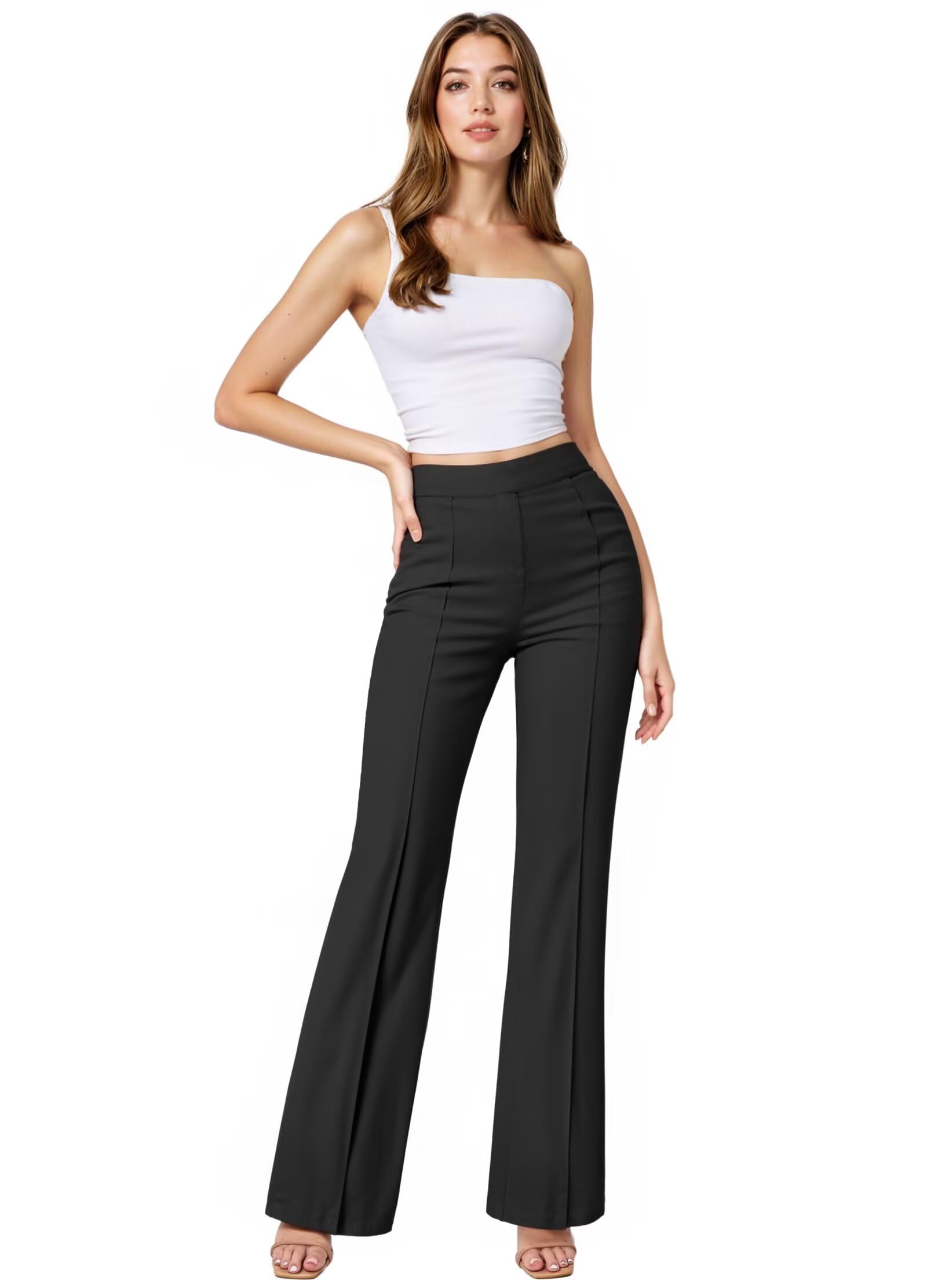 Hybrid Company Womens Ultra Stretch Ponte Bootcut Dress Pants Sleek Pintuck Pull On Faux Pockets Office Casual