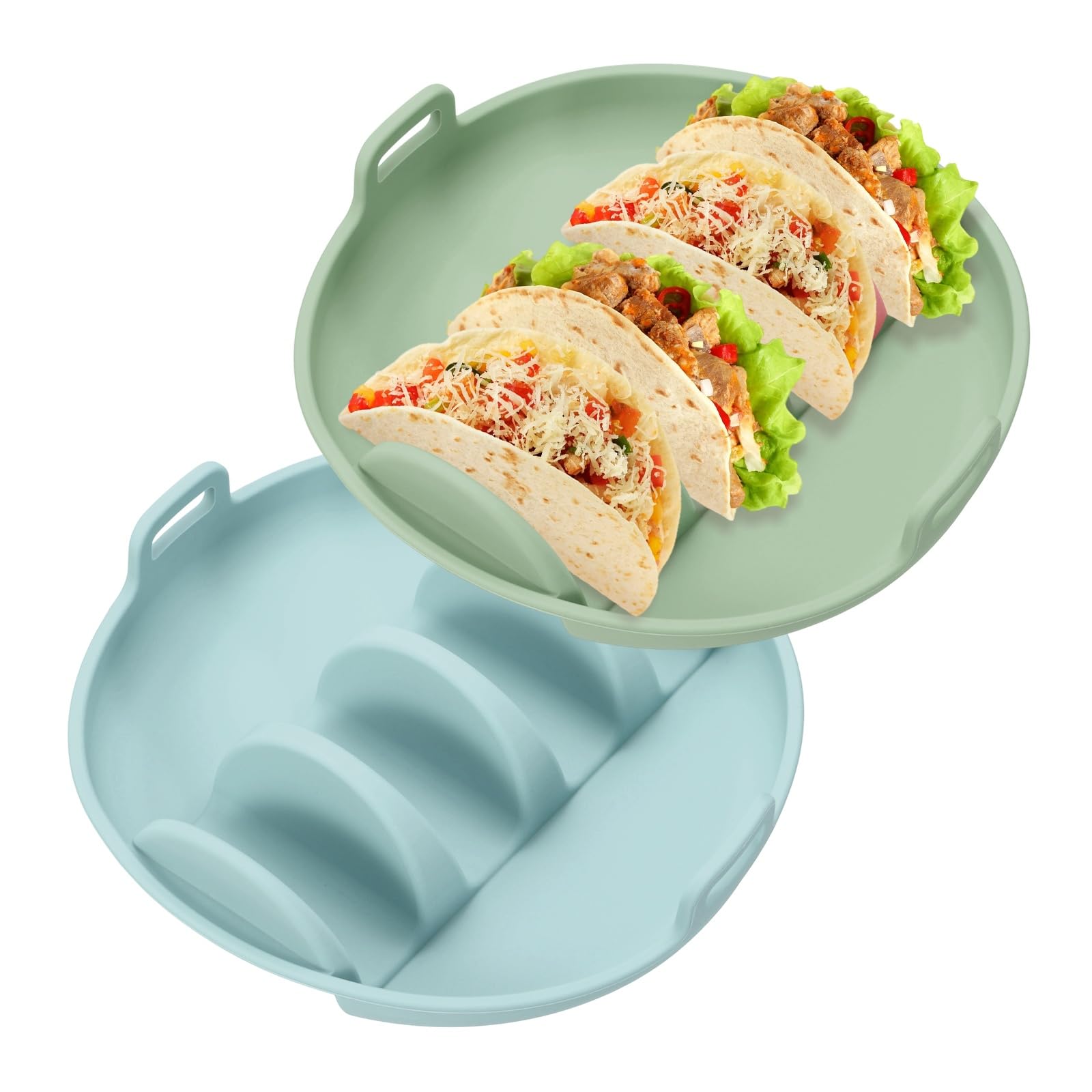 sourcing map 2 Pcs Taco Holder, Silicone Taco Plates with Dividers Reusable Serving Tray Plates with Handle for Party Dishwasher & Microwave Safe, (Light Blue/Green)
