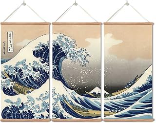 zhugege Japanese Traditional Art The Great Wave Off Kanagawa by Hokusai,Hanging Poster with Wood Frames,Ready to Hang Decorative Wall 3 Piece Set (16''x32'' x 3)