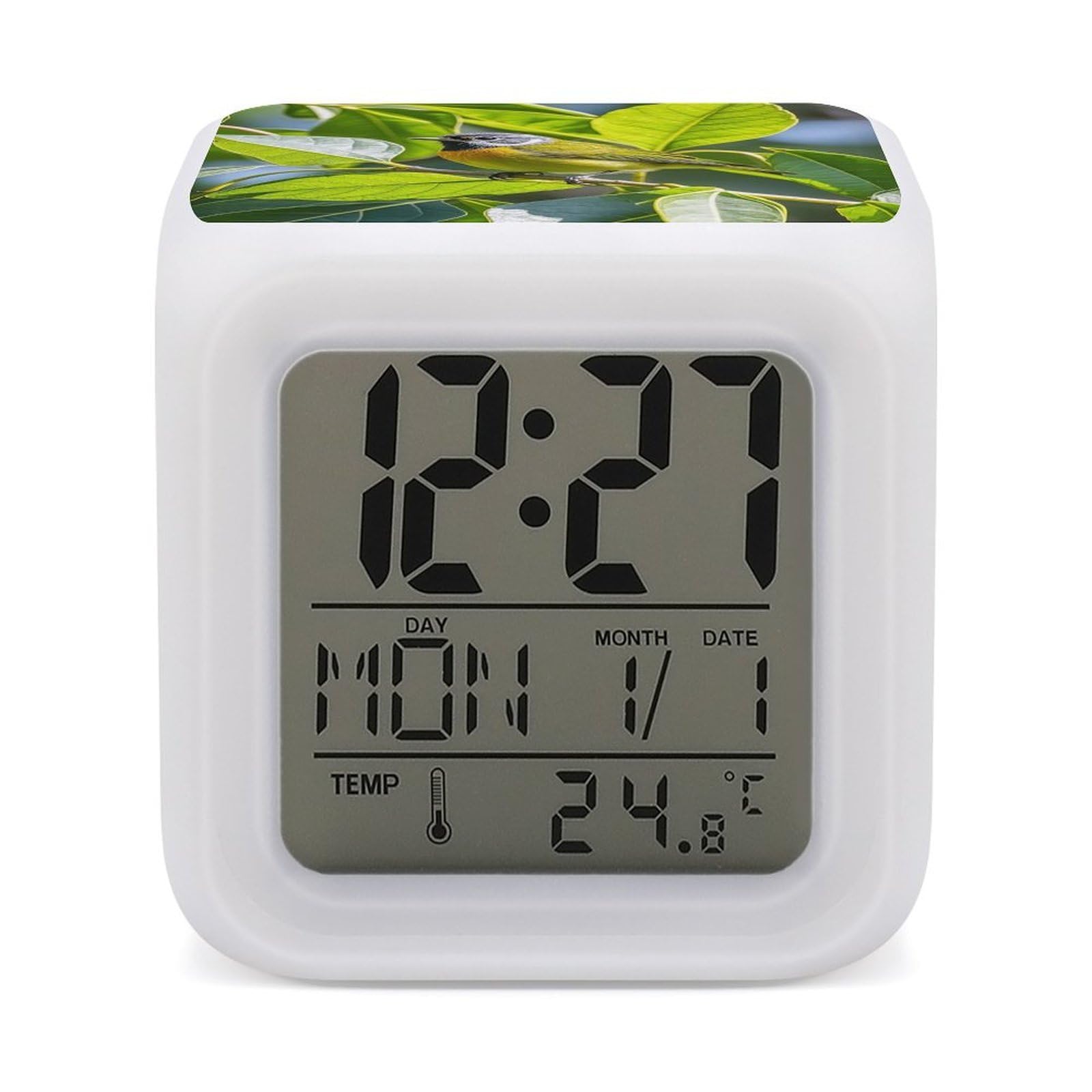 LZQPOEAS Green Leaves and Birds Alarm Clock Desk Clock with 7 Color Changing Night Light Digital Clocks with Temperature Display Sleep Training and Sound Machine for Heavy Sleeper