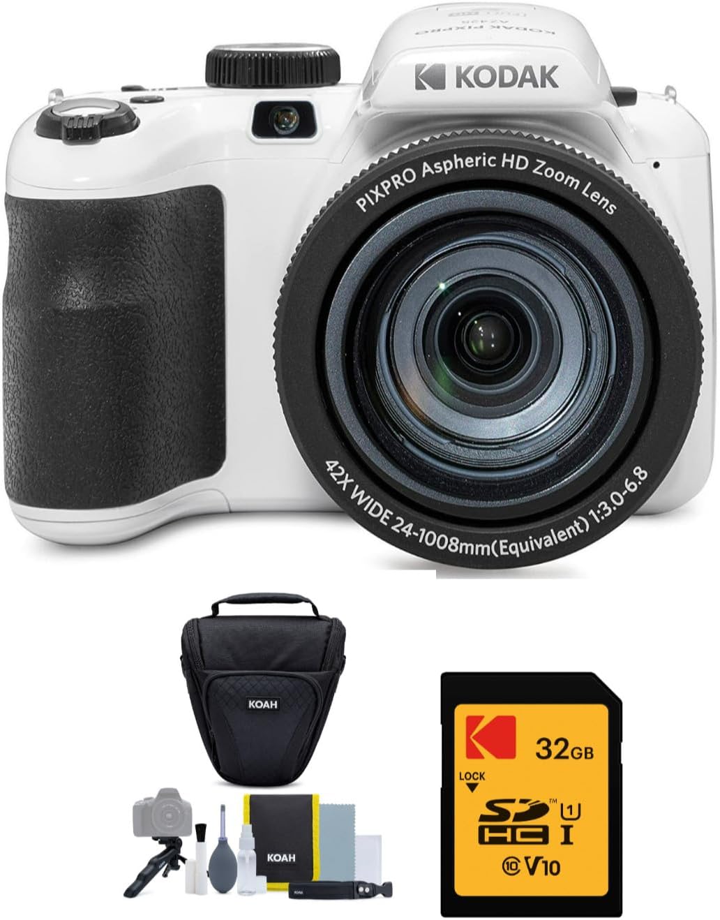 PIXPRO AZ425 Astro Zoom 20MP Digital Camera (White) Bundle with 32GB SD Card and Holster Camera Case with Accessories (3 Items)
