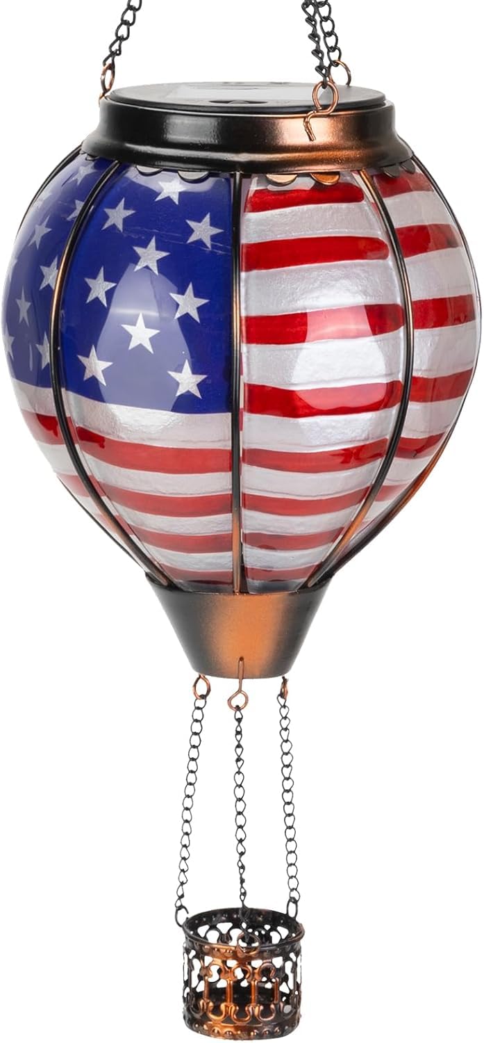 Larekook Solar Hot Air Balloon Lantern with Flame Flickering,Glass Hot Air Balloon Solar Lantern Outdoor Waterproof Hanging Garden Light for Patio Porch Yard,Birthday Gifts for Women(American Flag)