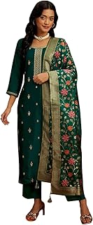 Libas Womens Embroidered Silk Blend Straight Kurta With Trousers and Dupatta