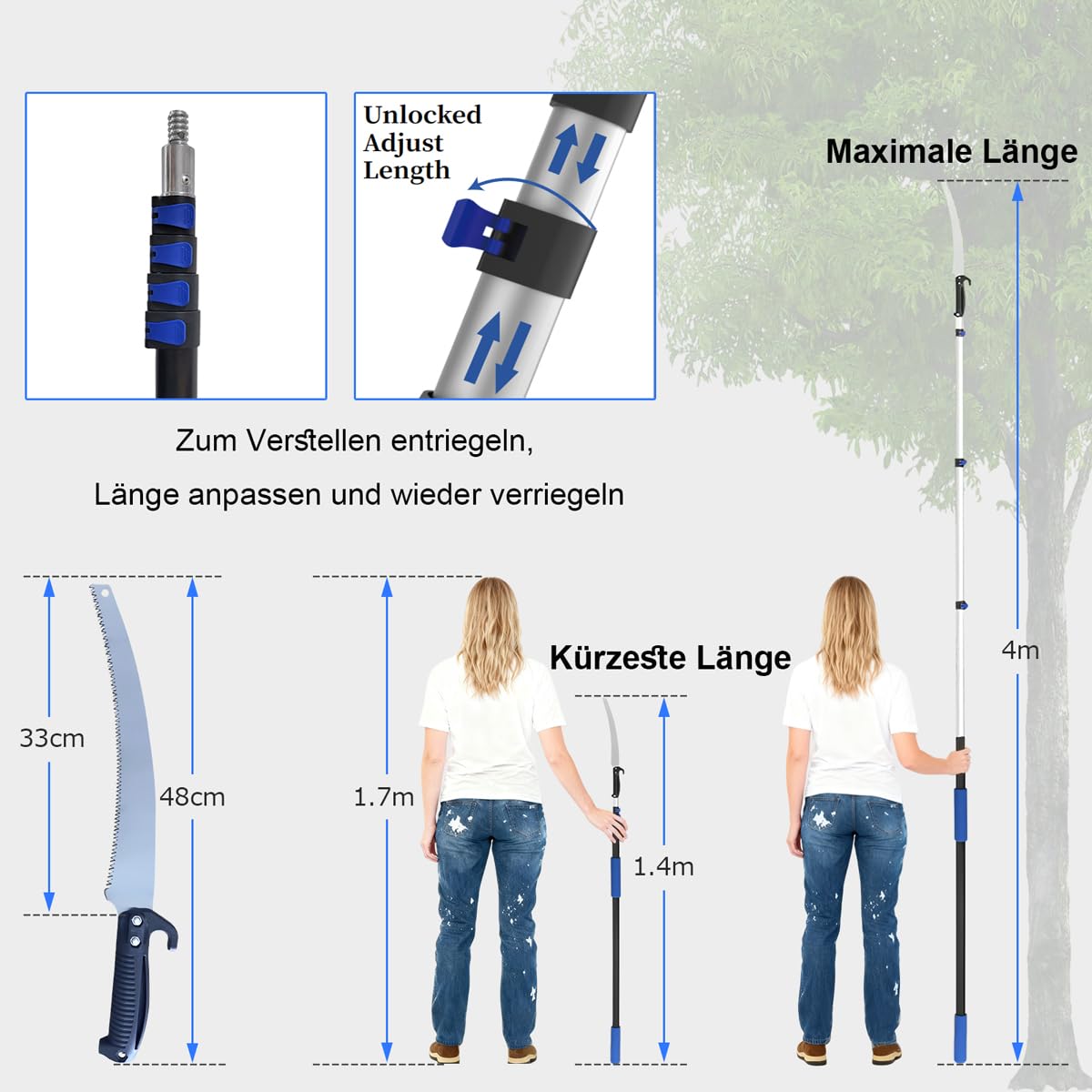 Seghetto da potatura, Bai You Mei Seghe potatura manuali telescopica 1,2-5 m giraffa da taglio con manico telescopico, sega per alberi e rami telescopici, sega a mano asta telescopica per svettatoio