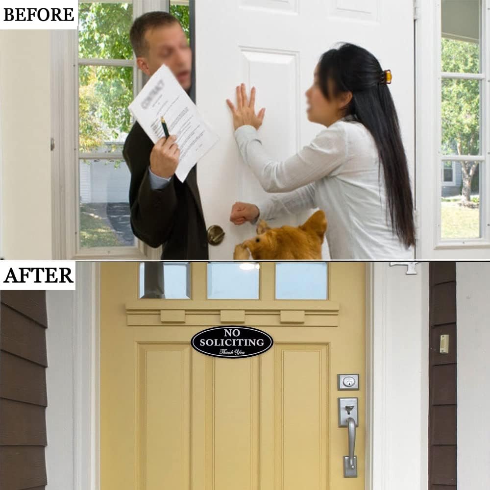 Kichwit No Soliciting Sign with Magnets, Black, 2.8” x 7”, Keeps Unwanted Visitors Away, No Deforming, Residue Free Adhesive Included