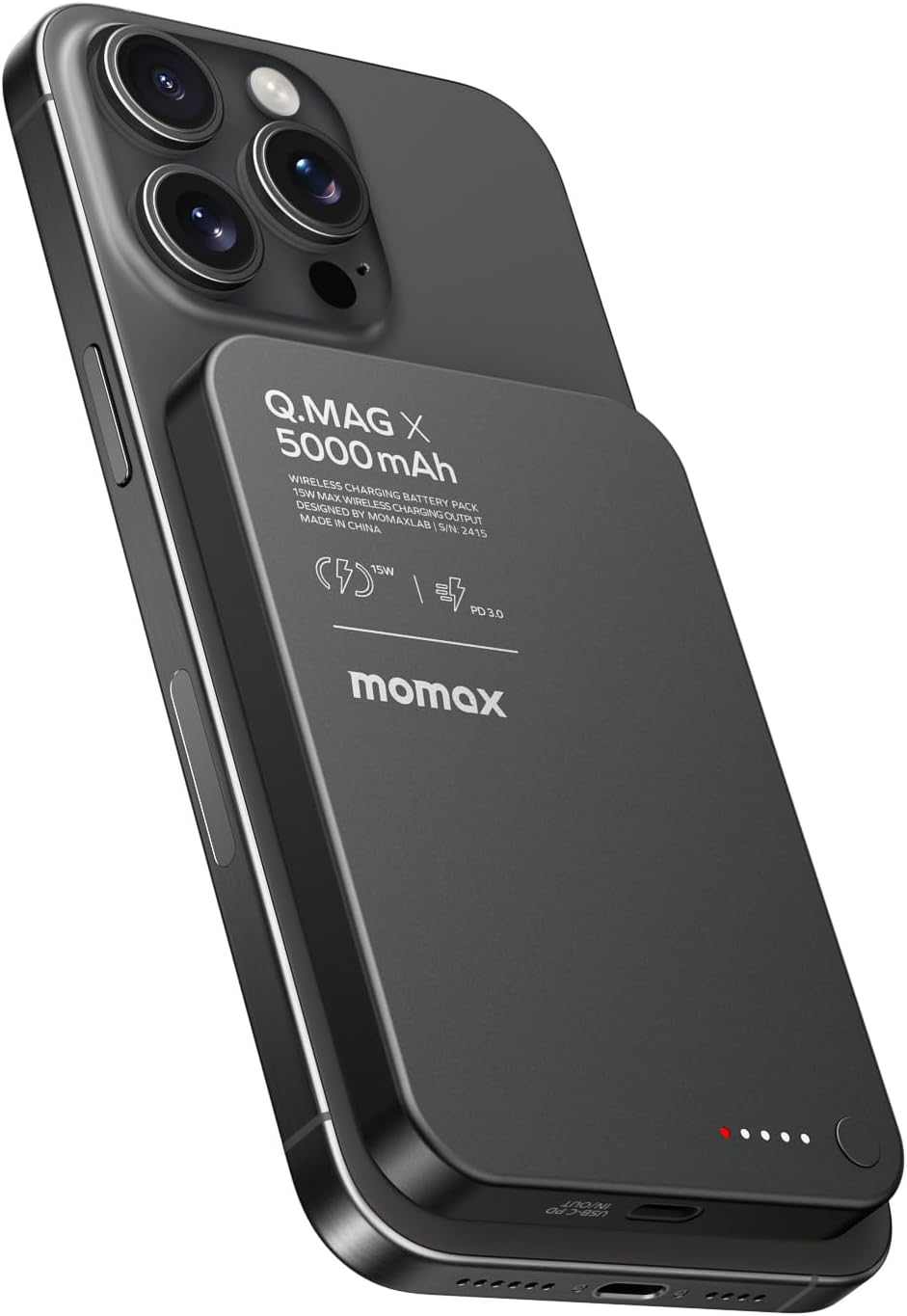 MOMAX Magnetic Power Bank, 5000mAh Wireless Portable Charger, Wired 20W Fast Charging Battery Pack, Compatible with Magsafe, iPhone 15/14/13/12 Series, USB C Charging Cable Included, Black 5000mAh Black