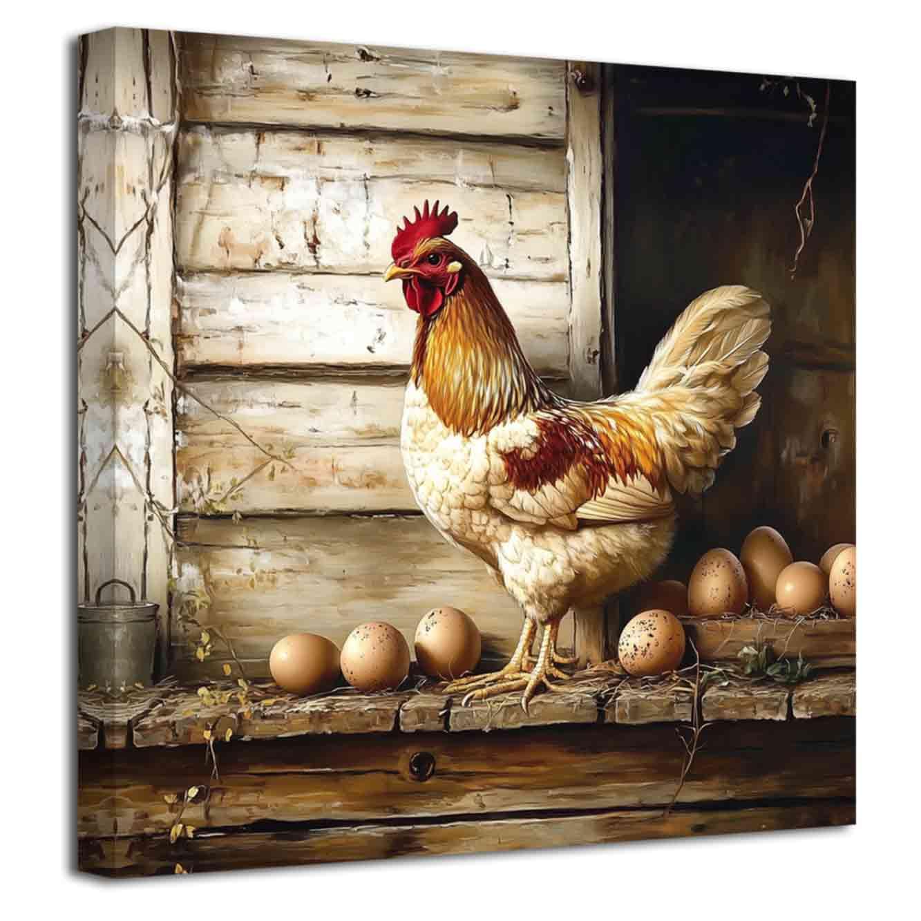 LZIMU Farm Chicken Wall Art Rooster Pictures Kitchen Wall Decor Rustic Farmhouse Canvas Prints Country Farm Coop Animal Painting Vintage Poster Cabin Framed (Beige, (28L x 28W)) — image 1