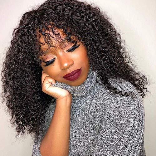 ISEE Afro Kinky Curly Human Hair Wigs with Bangs 18 Inch Brazilian Virgin Hair 180% Density Glueless Non Lace Front Wigs for Black Women Natural Color