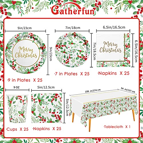 Christmas Party Supplies, Christmas Seasonal Holly Tableware Includes: Paper Dinner Plates, Dessert Plates, Luncheon Napkins and Beverage napkins, Great for Party Decorations (25 SET) – Image 3
