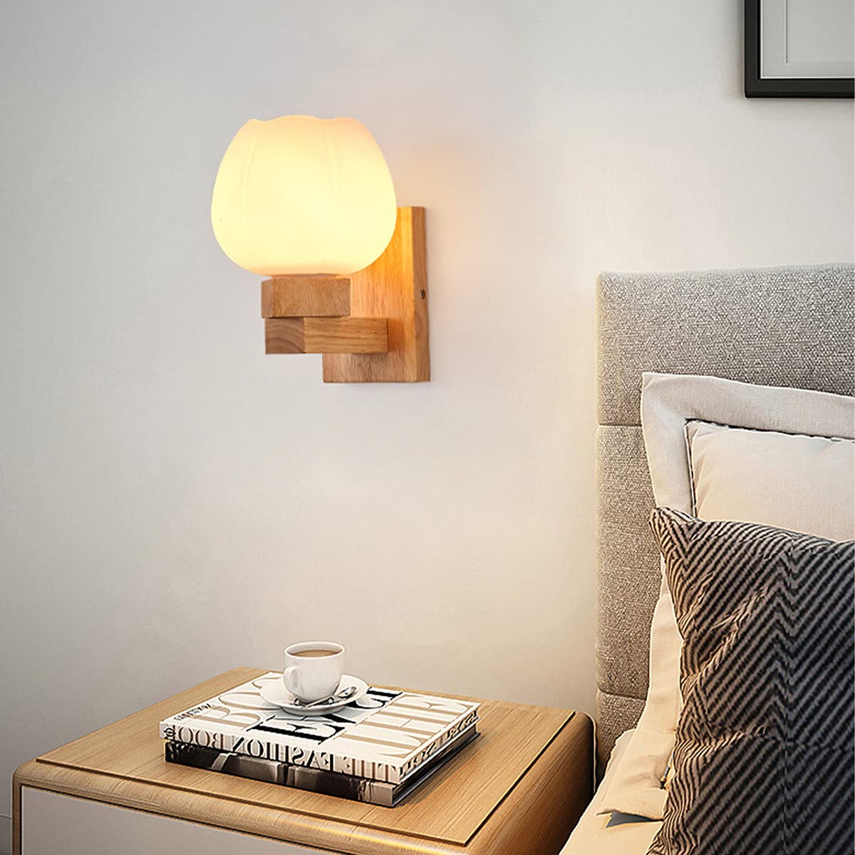 WXKAGF Drewniana lampa ścienna Sypialnia Nowoczesna lampa ścienna Drewniane lampki nocne z podstawą lampy E27, Kreatywny kinkiet ścienny w korytarzu Szklany klosz Oświetlenie wewnętrzne ściany Pokój