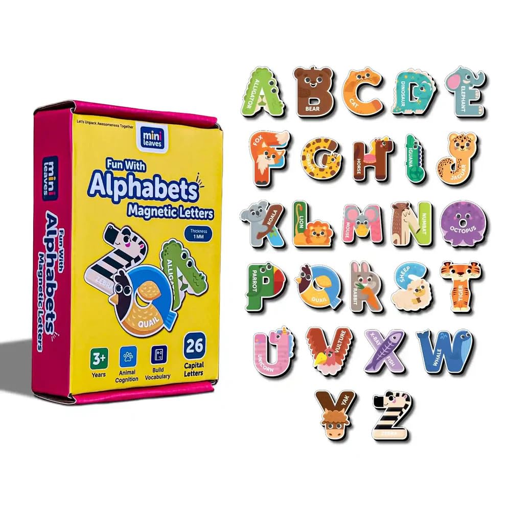 Image of Mini Leaves 26 Piece Animal Themed Magnetic Capital Alphabet Letters for Kids | Early Educational Toys for 3+ Years | Fridge Magnets for Kids for whiteboard
