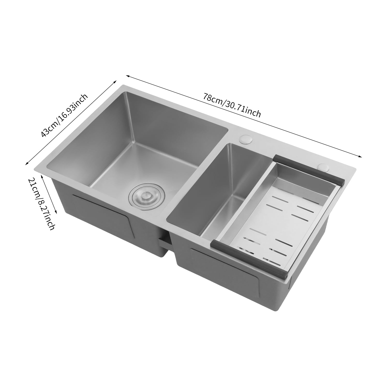 Lavello in acciaio inox, 78 x 43 cm, 2 vasche con sifone, lavello da incasso, lavello da cucina, in acciaio inox, per postazioni di lavoro