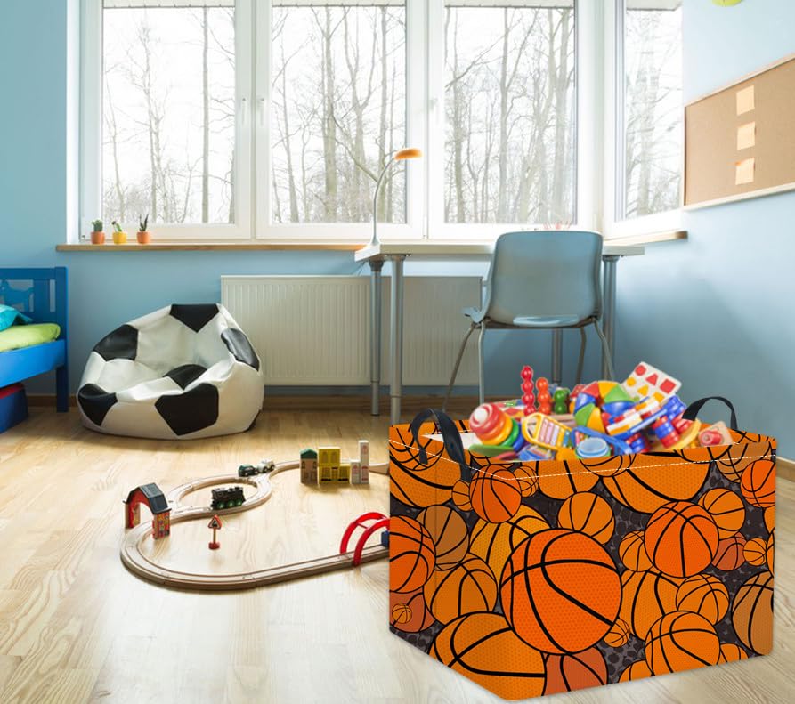 Image of Rectangular Basketball Kids Storage Basket Gift & Baby Storage Bin Organizer Shelf Book Basket Room Decor (Basketballs)