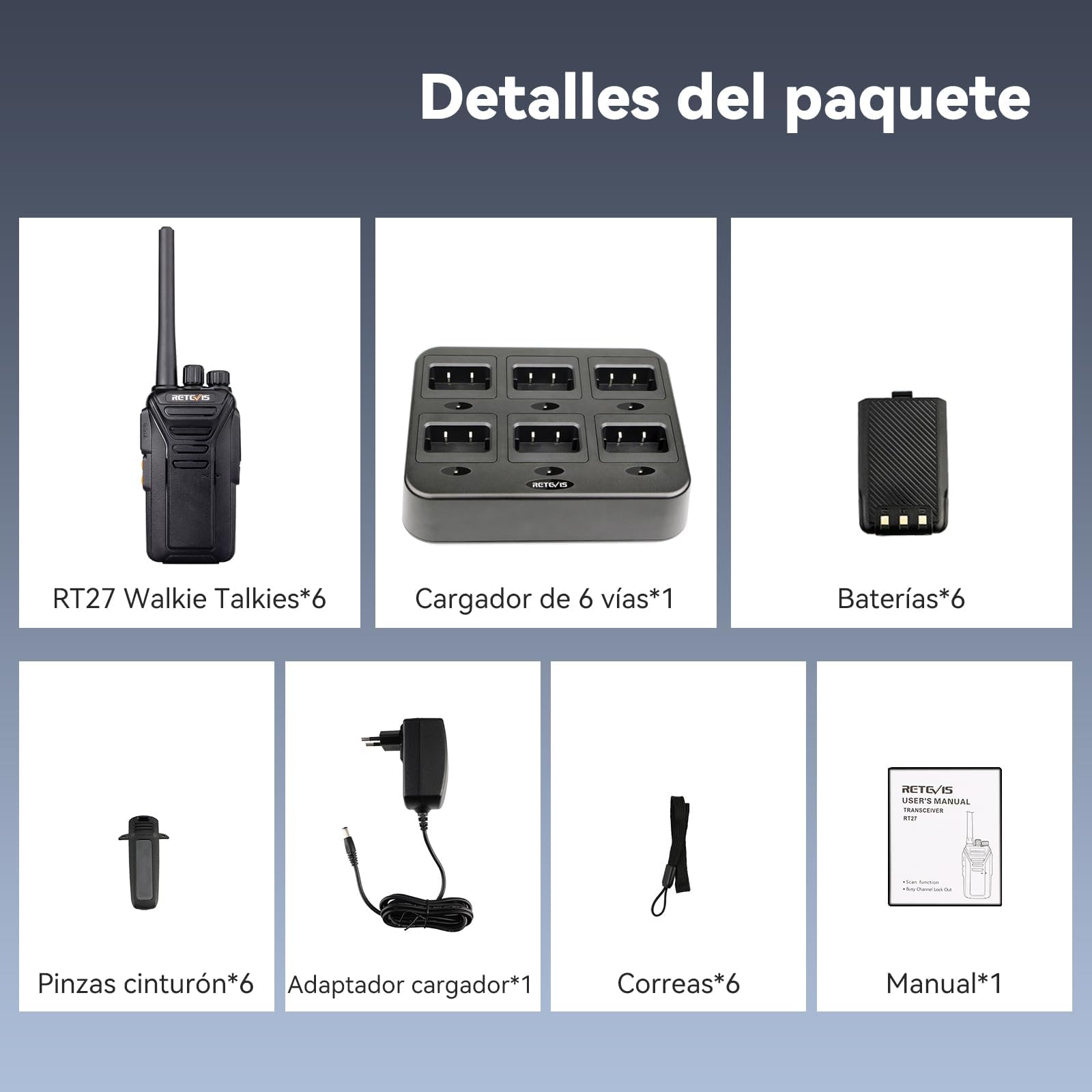 Retevis RT27 Walkie Talkie PMR446 6 Slot Charger Professional Long Range 6 Pack Black