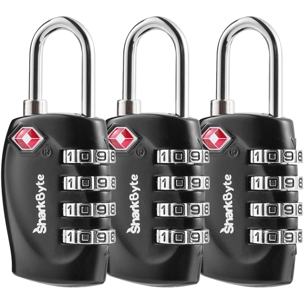 Sharkbyte 3 Pack, Black Tsa Approved Luggage Locks, 4-Dial Security Travel Combination Padlock, Travel Lock For Suitcases Luggage Case, Zipper, Backpack, Travel Bag Gym Locker Code Padlock, Suitcase Locks (3 Pack)