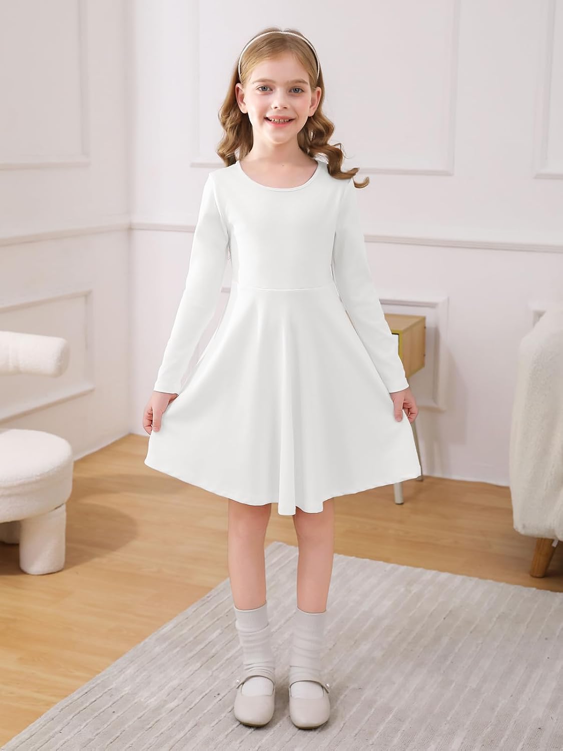 Haloumoning Girls Long Sleeve Skater Dress Kids Casual Crewneck A-Line Flowy Fall Dresses 5-14 Years - Image 2
