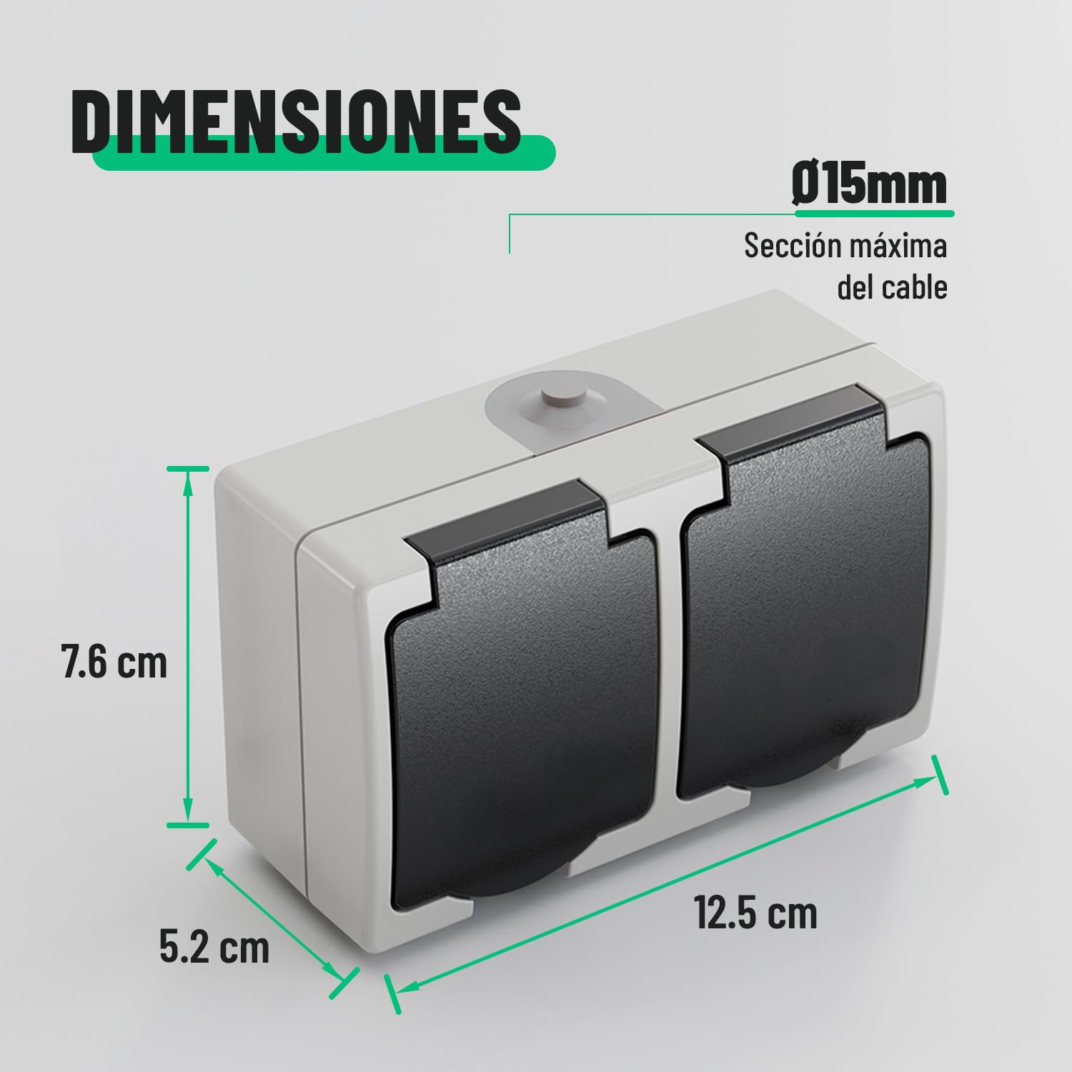 ABSINA Toma de corriente de superficie con contacto de puesta a tierra para lugares húmedos - 20 tomas de corriente de superficie de 2 gangs con tapa abatible IP44, 250V, 16A, 2 polos