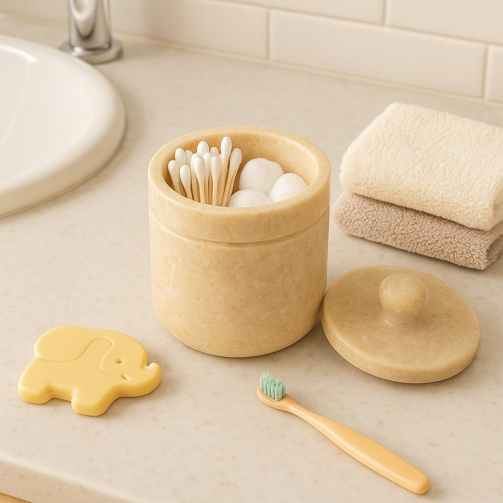 Creative Home Natural Champagne Marble Notch Collection Cotton Ball, Swab Holder Bathroom Storage Jar Container Organizer, 3.5" Diam. x 3.8" H, Beige