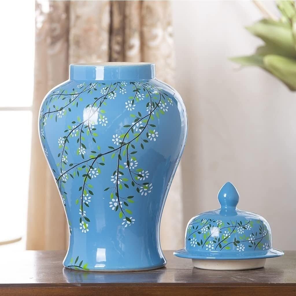 Food Storage Jar,Decorative Jar Ginger Jar Vase Decor Ceramic Blue Ginger Jar with Lid, Exquisite Beautiful Decorative Porcelain Jars Temple Jar with Lids Ginger Jars Stora,A-19 * 37Cm