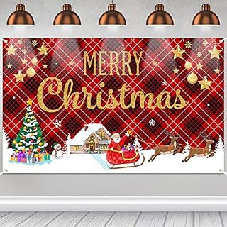 Dacitiery Christmas Backdrop Banner, Large Fabric Red Plaid Christmas Photography Backdrop Merry Christmas Wall Decoration Supplies, Indoor Outdoor Christmas Party Decor Photo Props70.9 x 43.3Inc