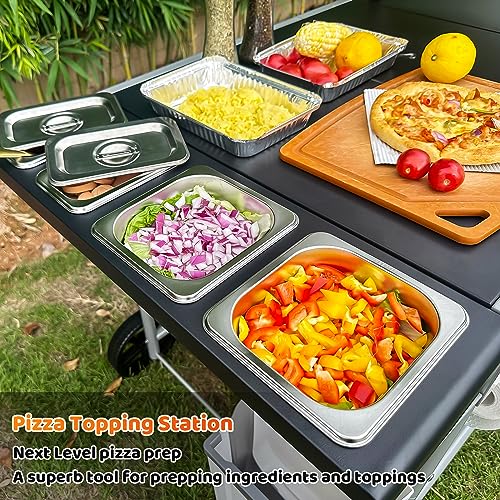 Pizza Oven Cart Table and 6 Pcs Pizza Steel Set for Ooni Koda/Karu/Fyra 12, Movable Food and Prep Workcart and 13" Square Pizza Steel with Pizza Peel & Dough Pizza Cutter & 20pcs Cooking Paper