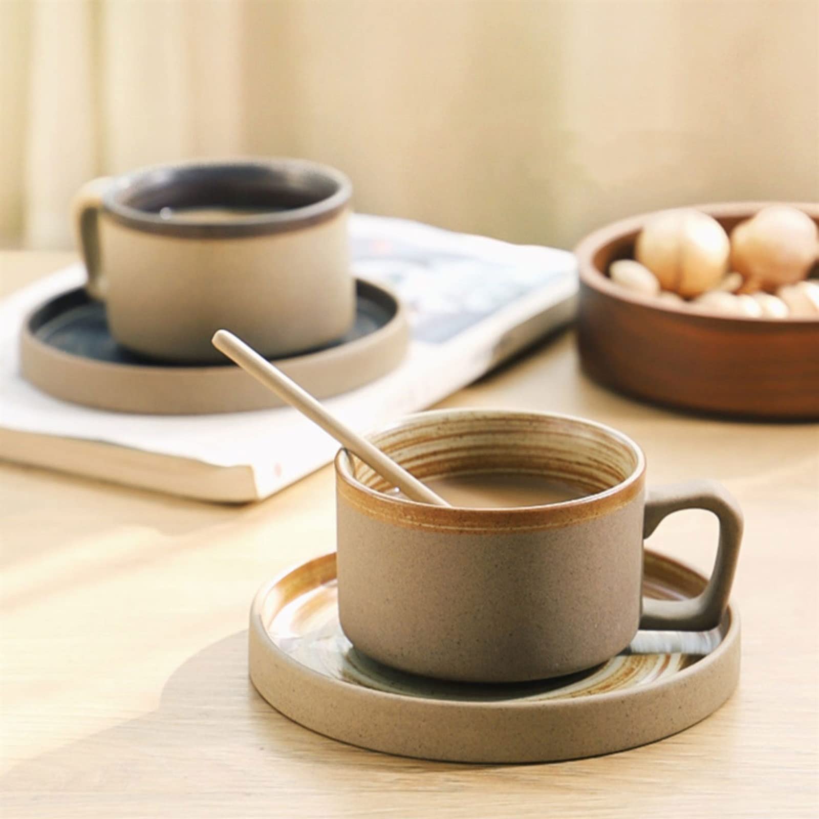 NZPOST Tazas de cerámica de Estilo Vintage, Taza, Juego de Platos y Tazas de 200 ml, Taza de café para Oficina, Taza de té con Leche (Dorada)