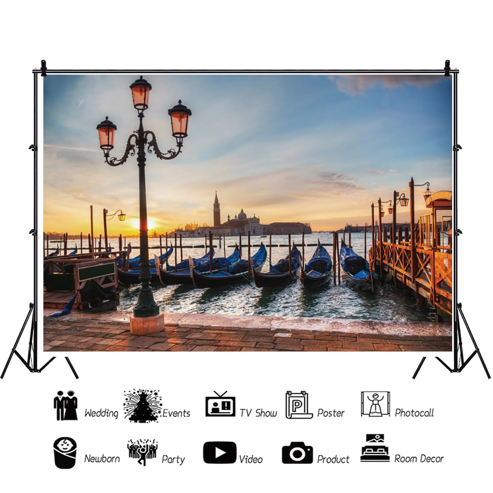 YongFoto 2,2x1,5m Sfondo Fotografico Gondole italiane tradizionali in Europa Venezia Chiesa San Giorgio Maggiore Sunrise Fondale Foto Festa Bambini Boby Nozze Adulto Partito Studio Puntelli