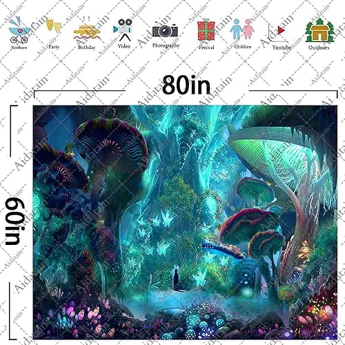 Miniatura 7 de Aidatain Tapiz de planta de hongos del bosque encantado, cuento de hadas, árbol grande, paisaje de selva, para colgar en la pared, de franela grande