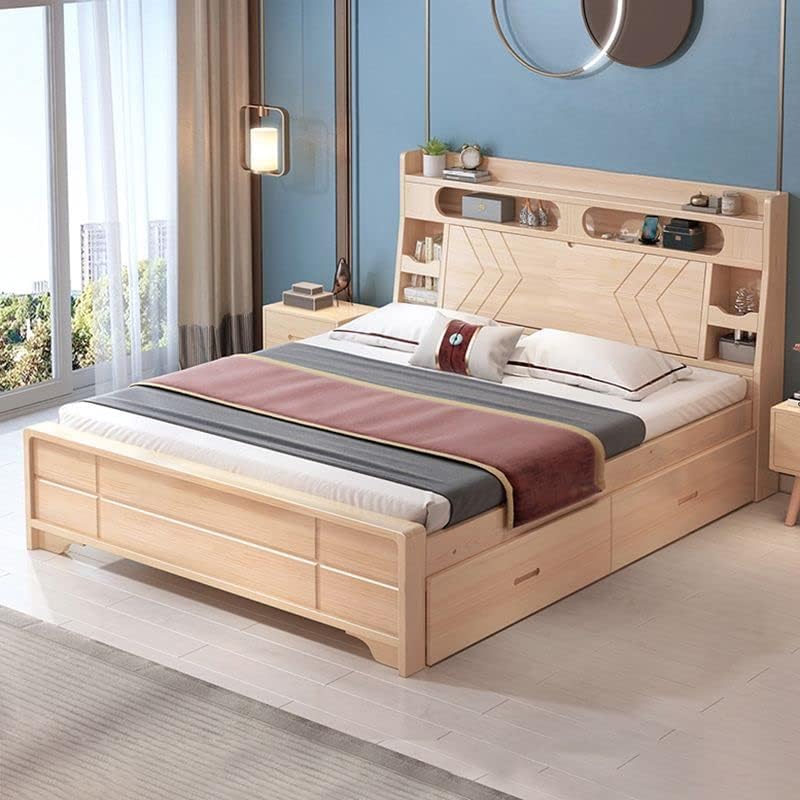 CraftThink Modern Pine Wood Bed Frame Bookcase Standard Bed in Natural, Single Bed for Bedroom Boys Girls- Size: Twin XL, Wood/Upholstered Headboard, Bookcase (Without Pull-Out Storage)
