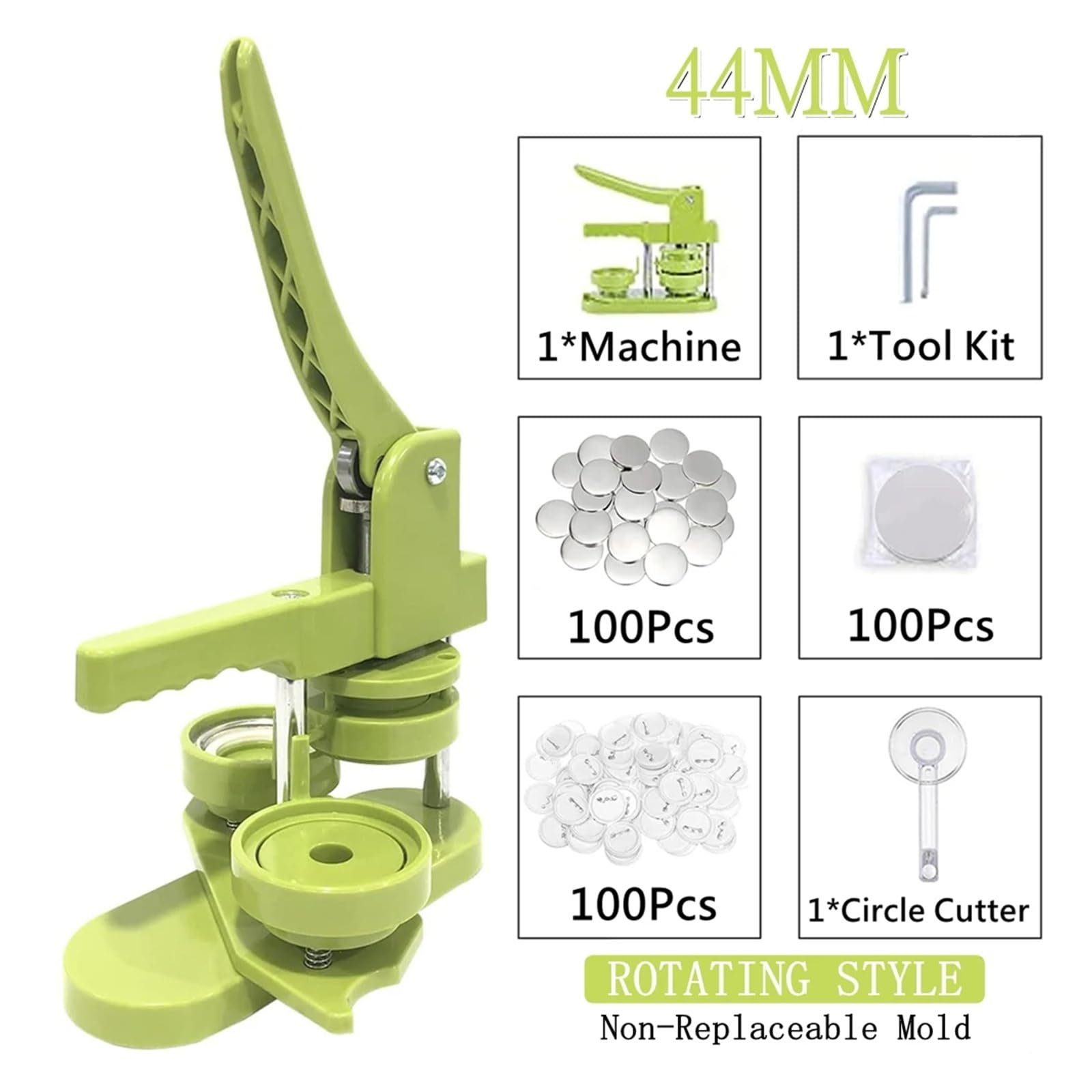 Maszyna do produkcji przypinek DIY 25/32/37/44/58MM Zestaw ze 100 częściami do guzików + obcinak do kółek Produkcja DIY(44MM-Set Rotating)