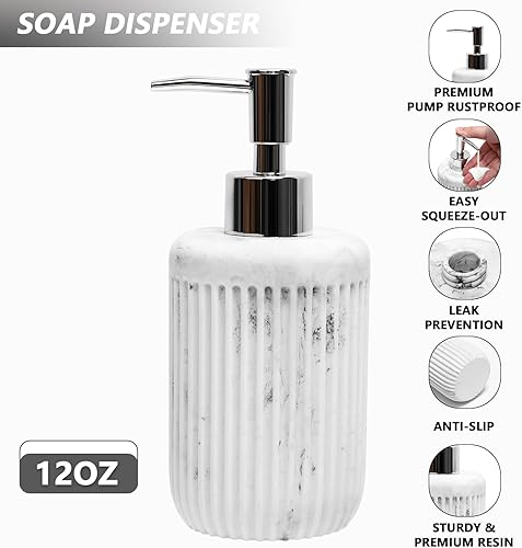 Miniatura 3 de Juego de 5 accesorios de baño de mármol blanco de resina, dispensador de jabón de loción, soporte para cepillo de dientes, vaso de baño, soporte
