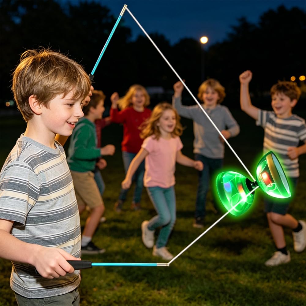 Diabolo mit Kugellager, Led Diabolo Kugellager mit Professionellem Stick, Transparent Weichgummi DIABOLO Leuchtend, Jonglierspielzeug für Erwachsene, Profispieler und Anfänger (Grün)