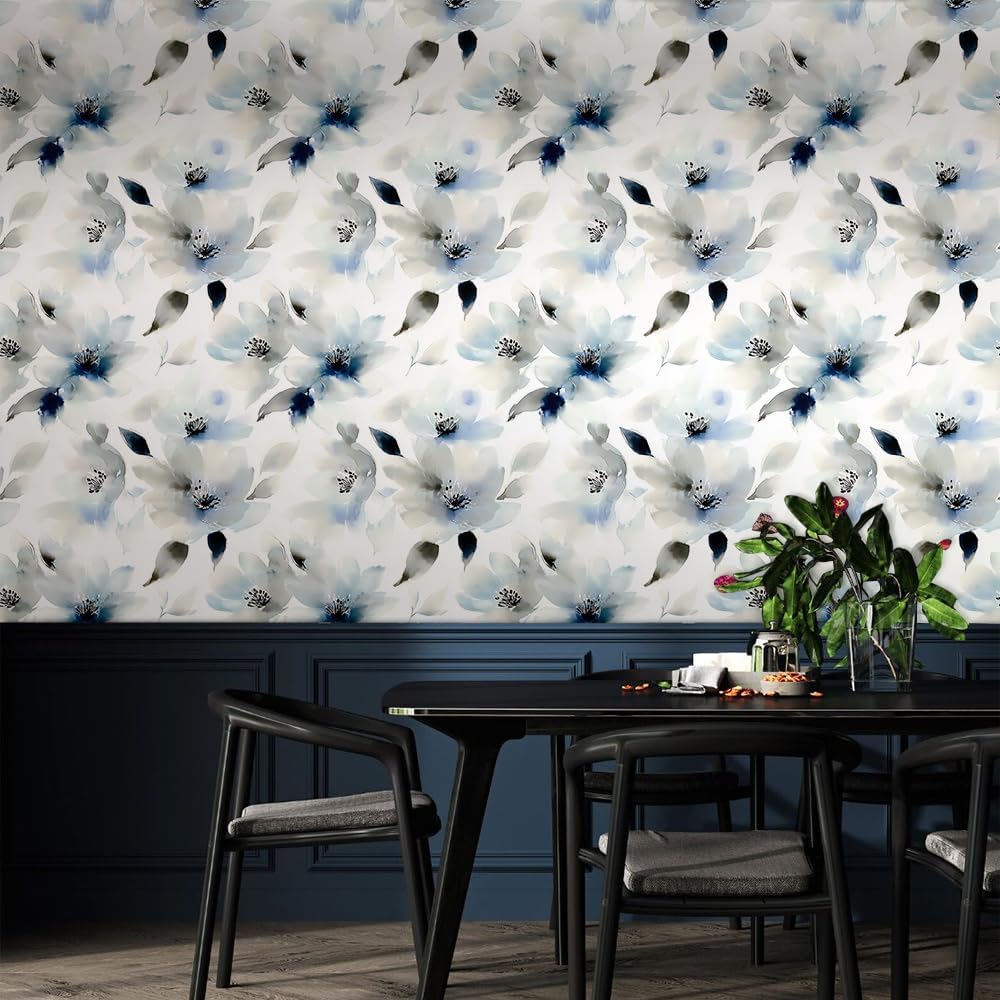 18"x236" Blue White Leaf Petals Peel and Stick Wallpaper Easy Peel Off Contact Paper Vintage Vinyl Self Adhesive Removable Stick on Wall Paper for Kitchen Cabinet Renter Friendly