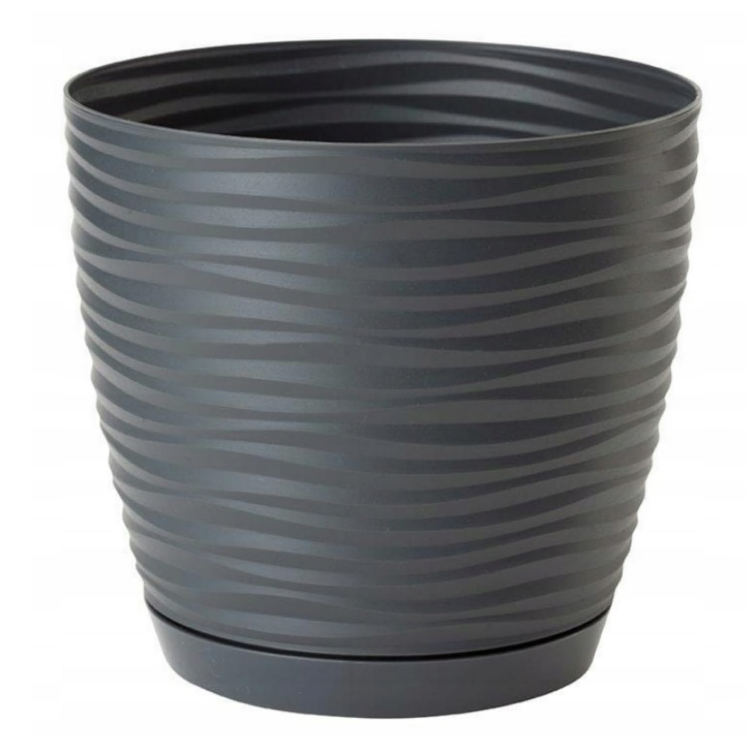 B2C Modern Round Plastic Plant Pot with Saucer, 3D Textured Wavy Design, Lightweight Indoor & Outdoor Flower Pot, Multiple Sizes & Colours (Anthracite, 1.65L (D14.7cm H13.65cm))