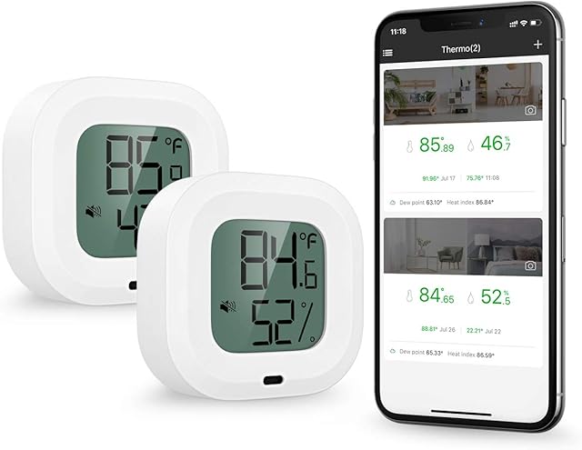 ORIA 2 Pack Wireless Thermometer Hygrometer, [Upgraded 35m Range] Mini Bluetooth 5.0 Humidity Temperature Sensor with Screen, Button, Data Export and Alerts for iOS/Android, Build-in Magnet for House